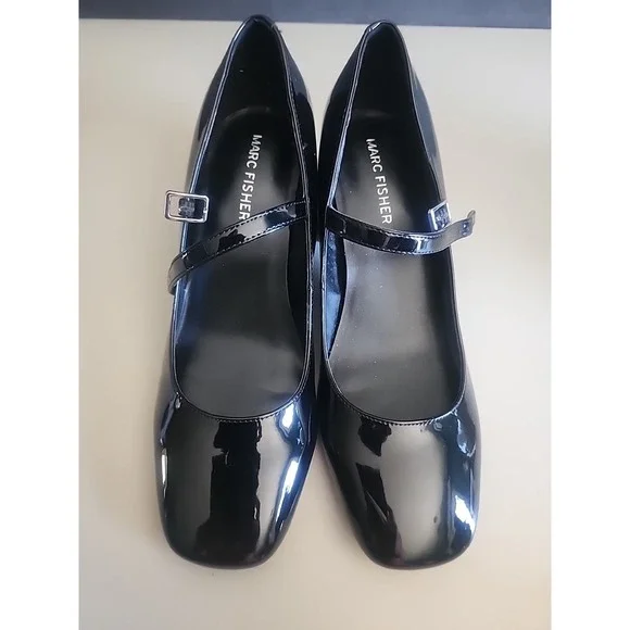 MARC FISHER Palie Mary Jane Block Heels, Faux Black Patent Leather, Women's 6.5 - Picture 1 of 8